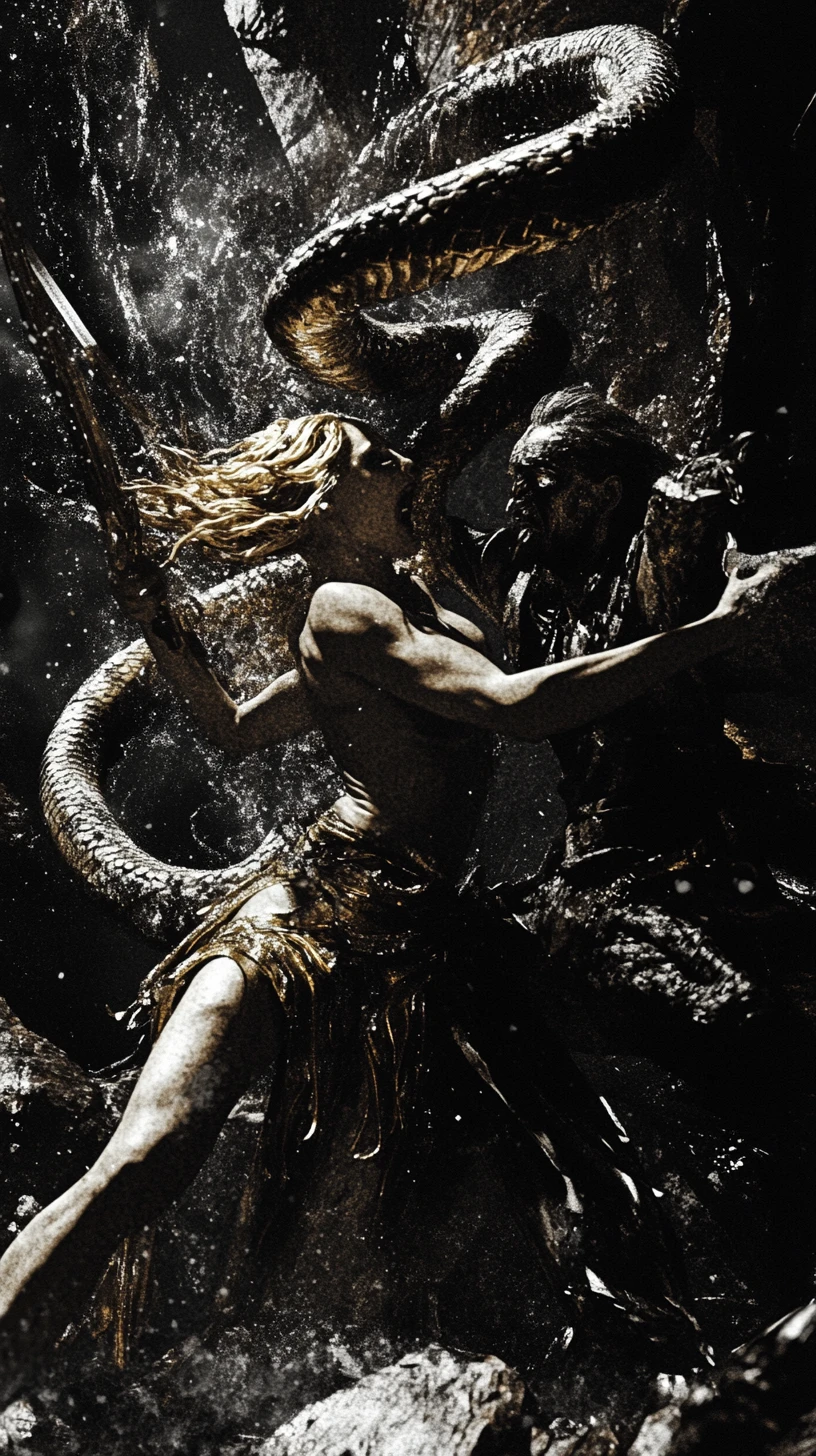 Medusa luchando contra un guerrero medieval bajo la fría luz de la luna