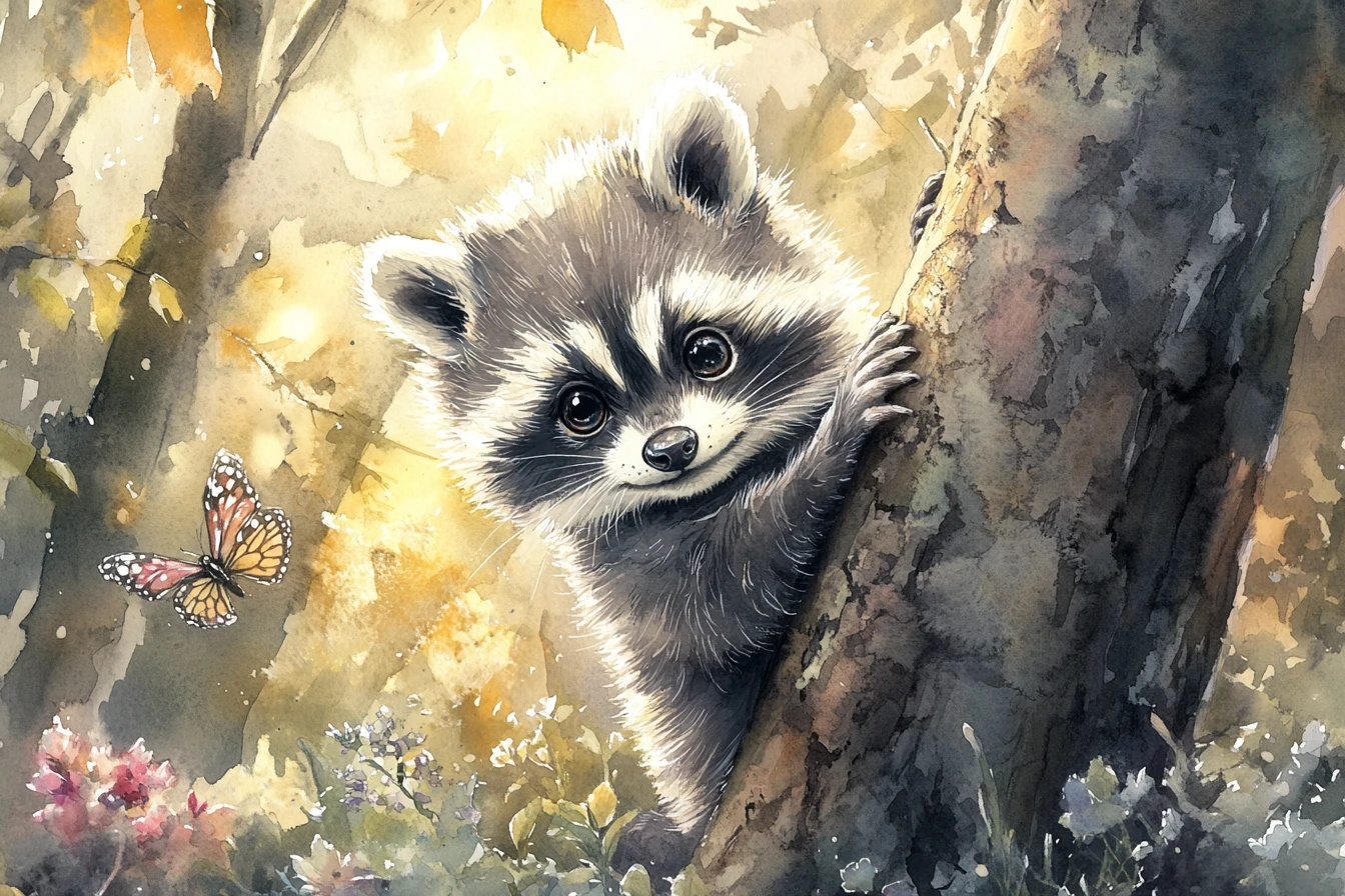 Adorável filhote de guaxinim em aquarela espiando atrás de árvore na floresta