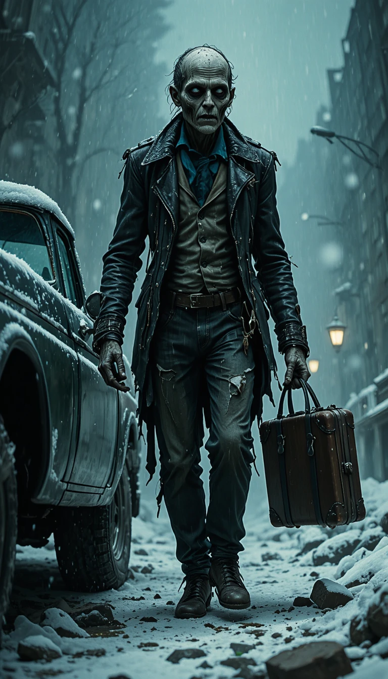 Zombie avec valise près d’un pickup en pleine tempête de neige