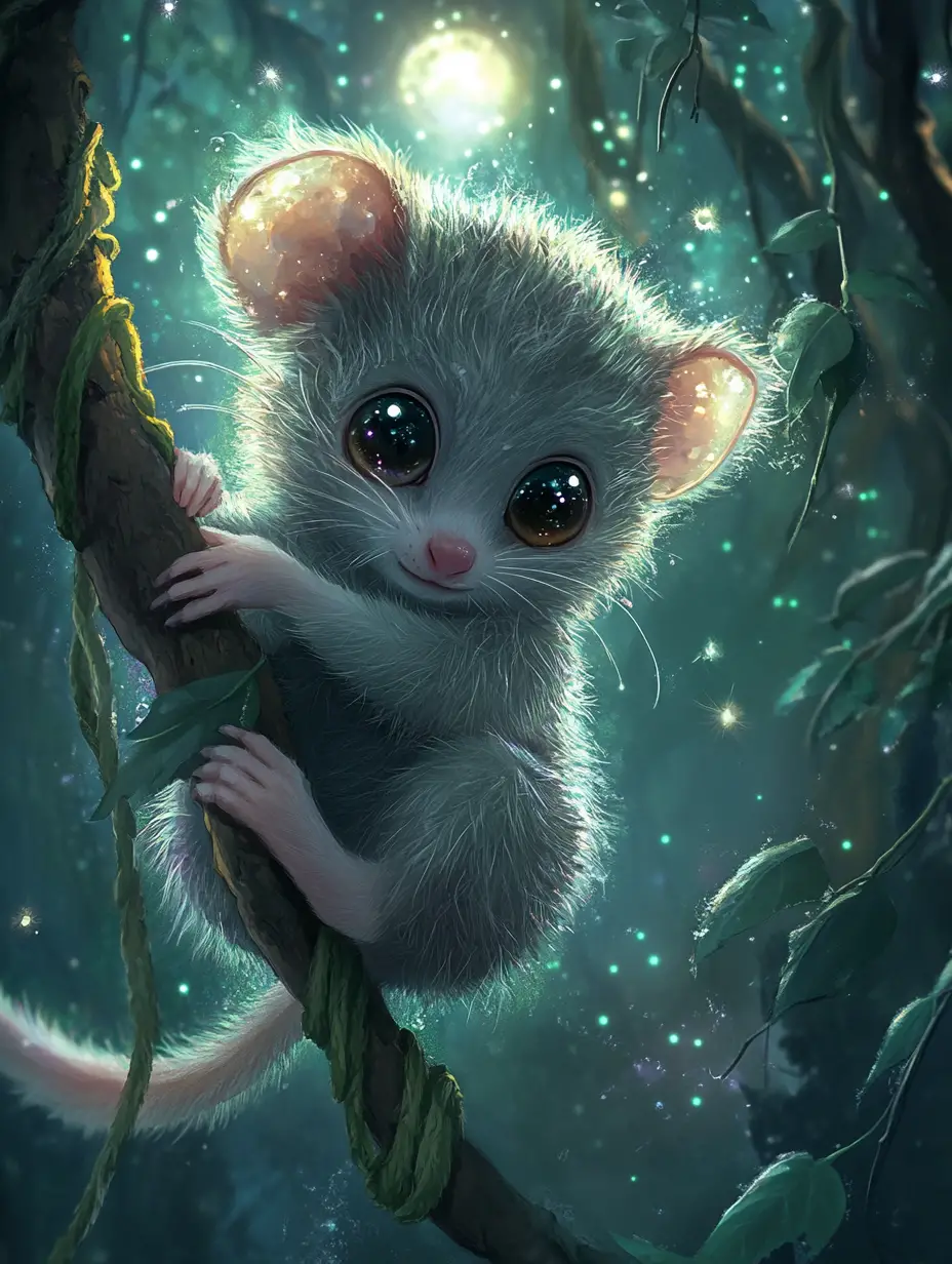 Cute baby opossum clinging to a glowing vine at night