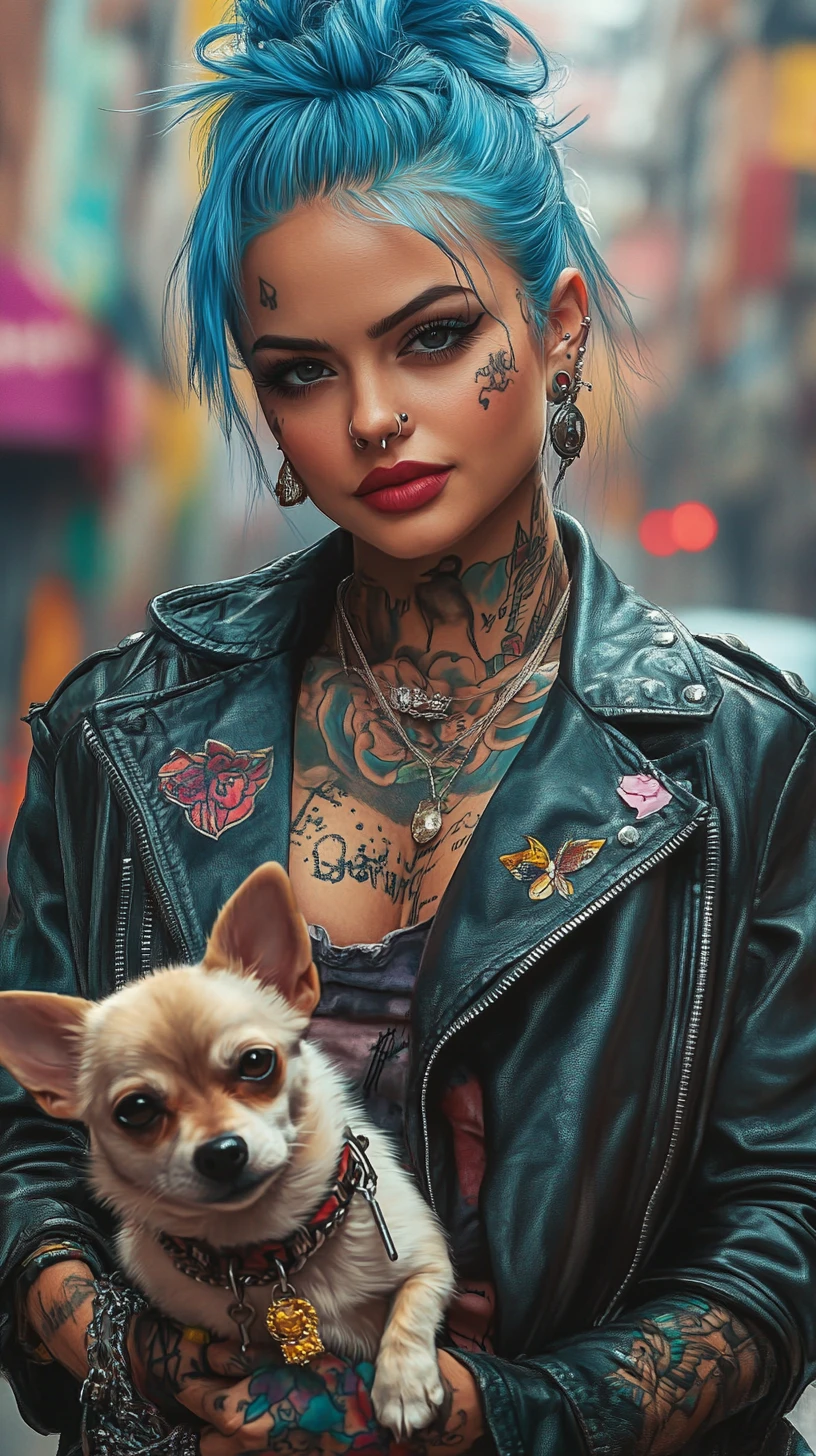 Mulher tatuada de cabelo azul segurando um Chihuahua na rua da cidade