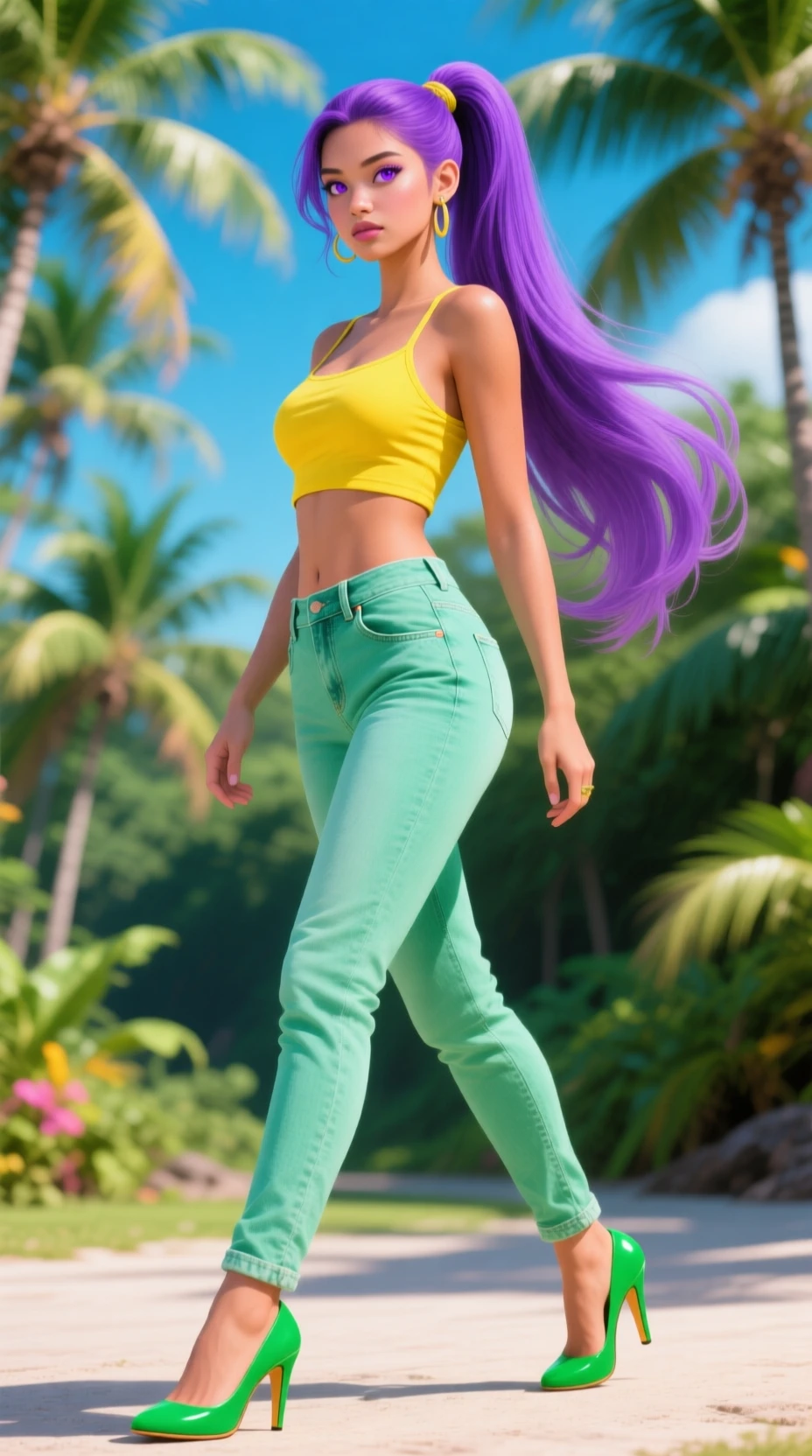 Hawaiian woman walking in bright tropical fashion scene