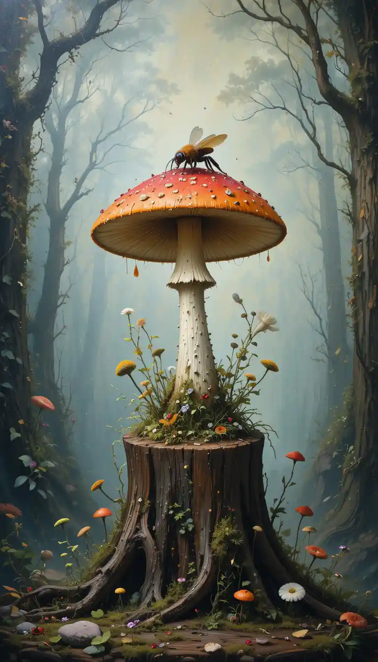 Cogumelo amanita mágico com uma pequena abelha em um toco