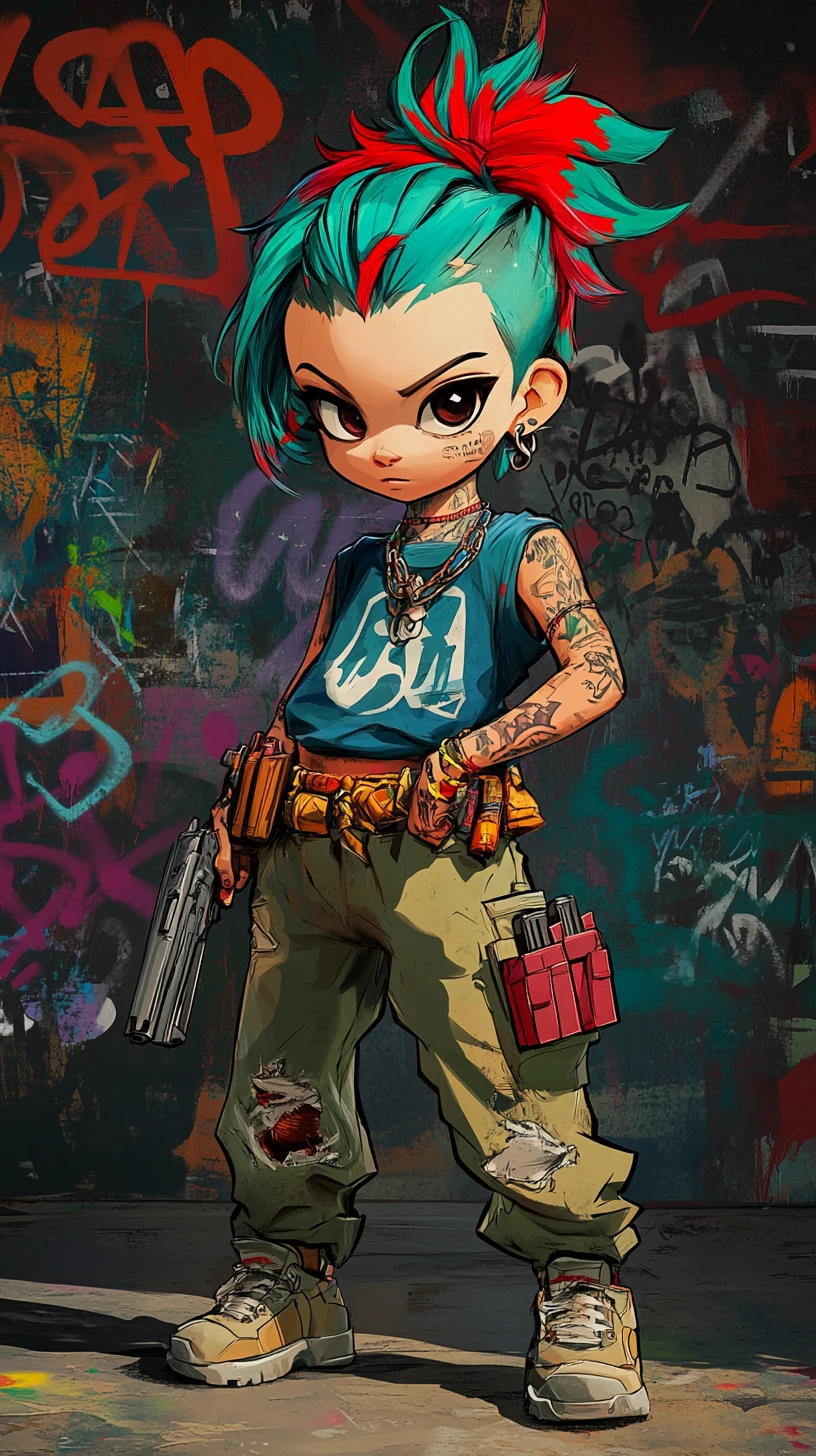 Tattooed youth aiming pistol in urban graffiti alley