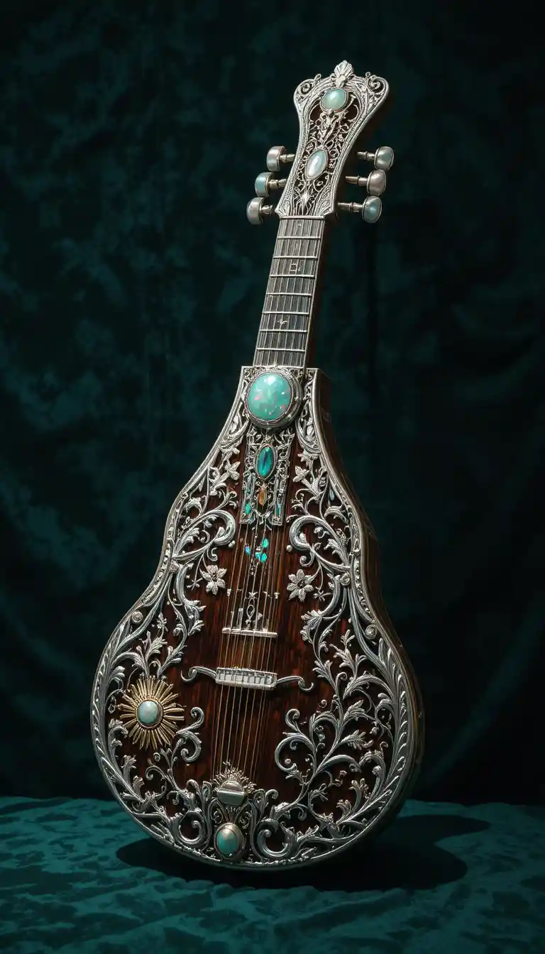 Ornate silver zither on dark green velvet background