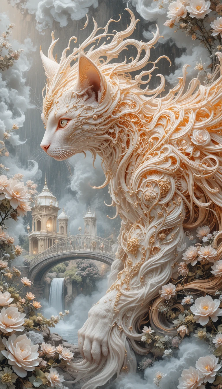 Mythical cat spirit beside a white fairy tale palace