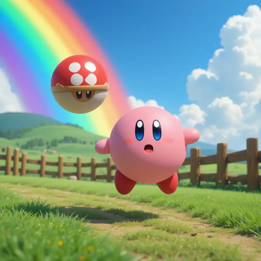 Cute round creature chasing a ball on a rainbow hill