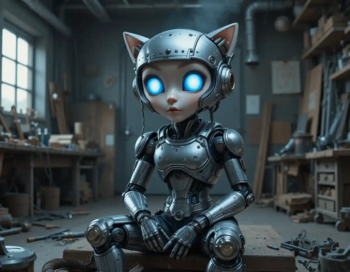 暗い近未来の工房にいるヒューマノイドロボットの猫