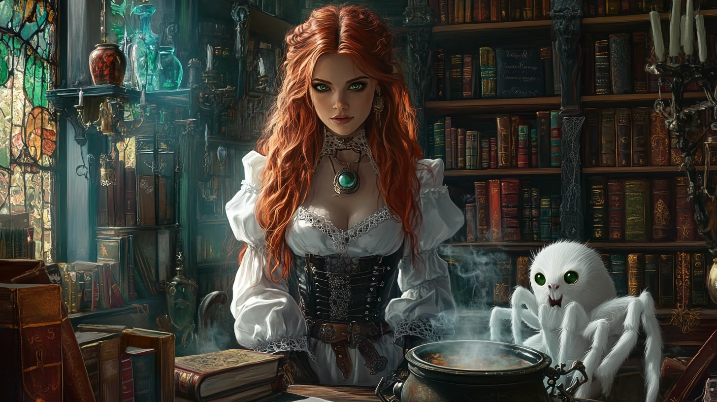 Bruxa branca ruiva em uma biblioteca steampunk