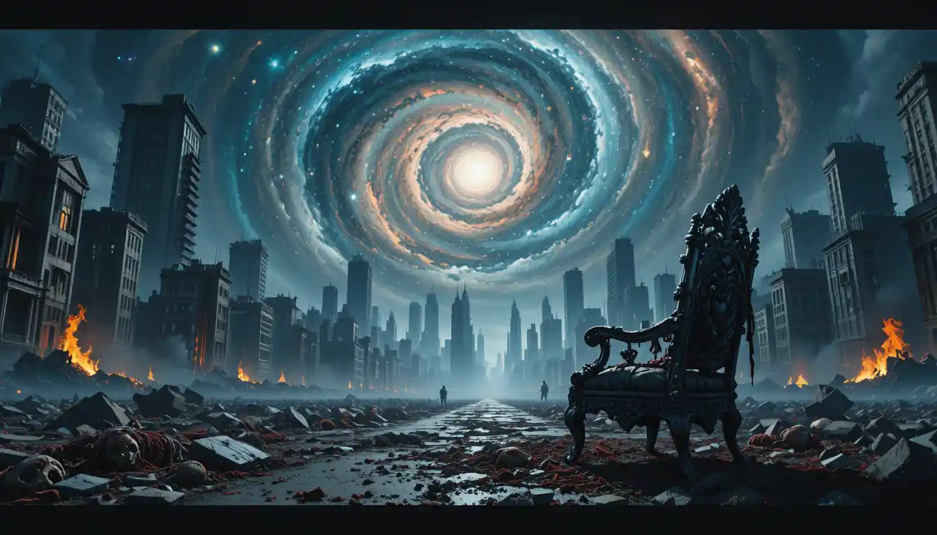 Ornate baroque chair against swirling cosmic nebula backdrop