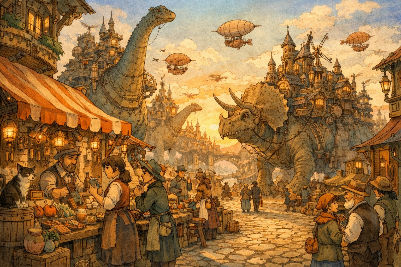 Cidade steampunk fantasiosa construída sobre as costas de dinossauros