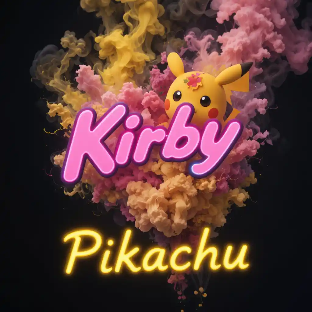 Adorables criaturas de caricatura con texto neón Kirby x Pikachu