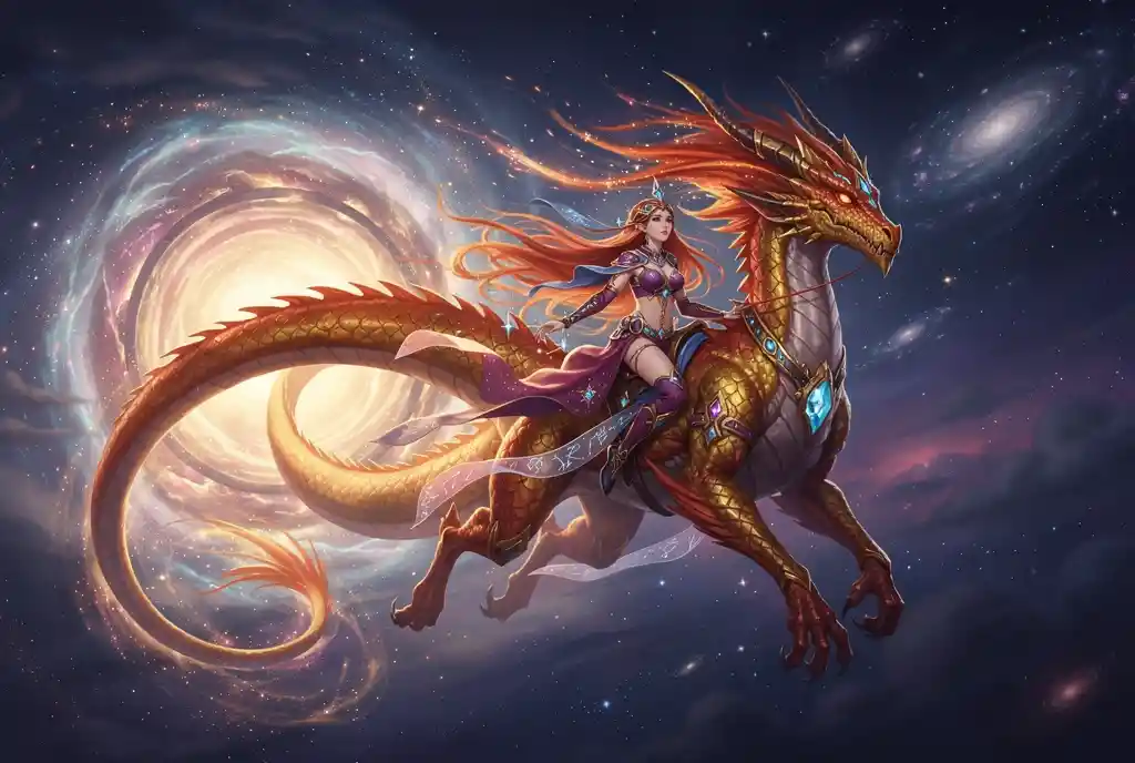 Celestial dragon and sorceress soaring through a cosmic sky