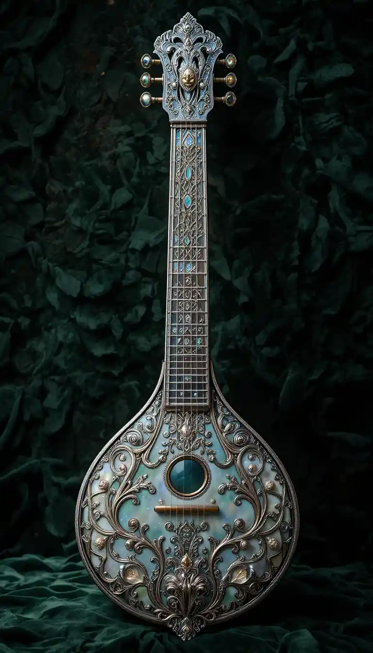 Sitar d’argento decorato su sfondo di velluto verde scuro