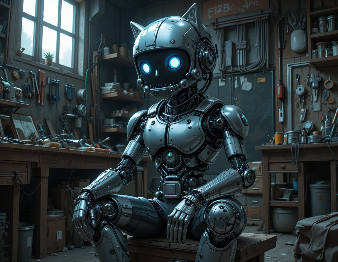 Humanoid robot cat standing in a dark futuristic workshop