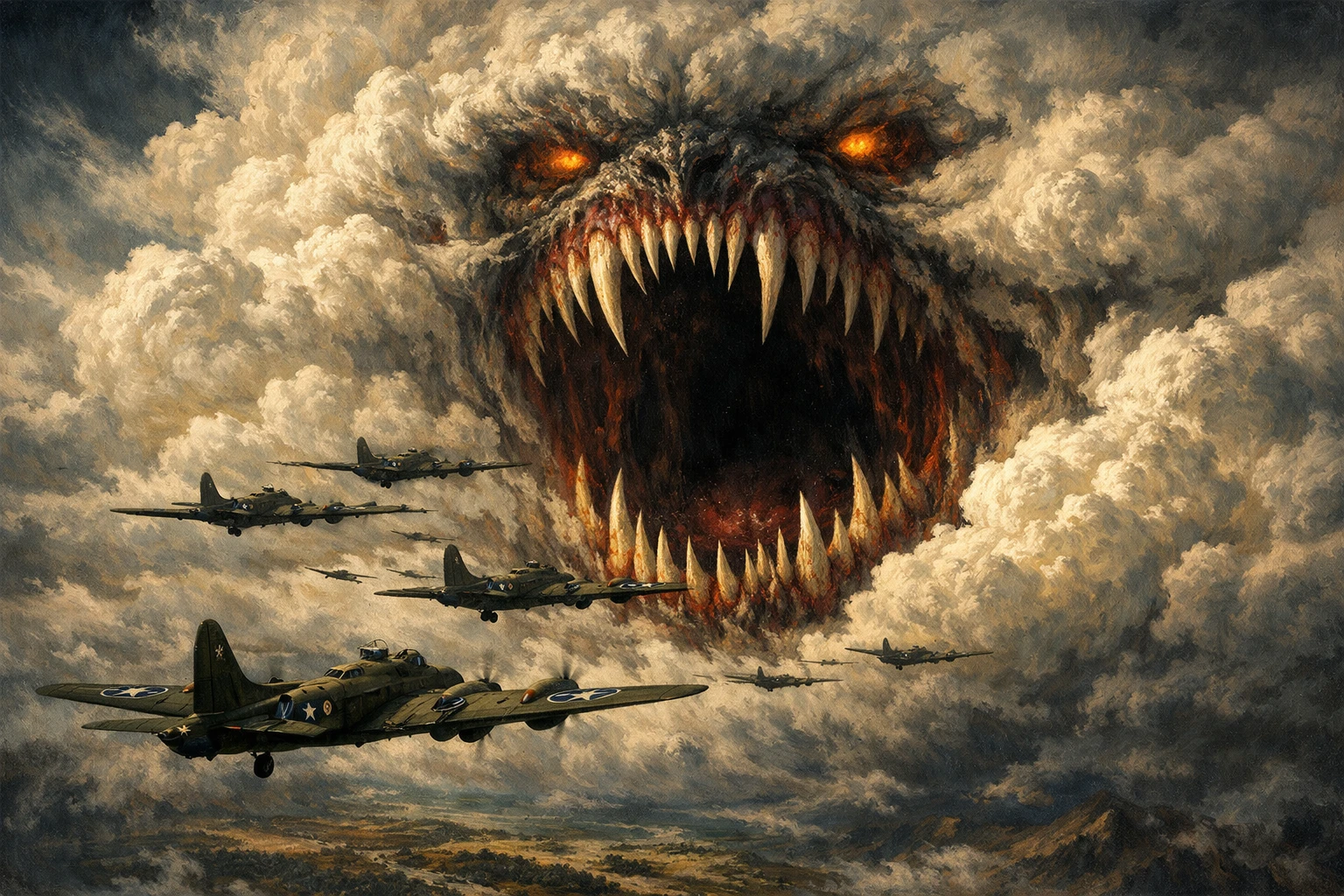 Bombardeiros da Segunda Guerra Mundial diante de uma boca monstruosa no céu