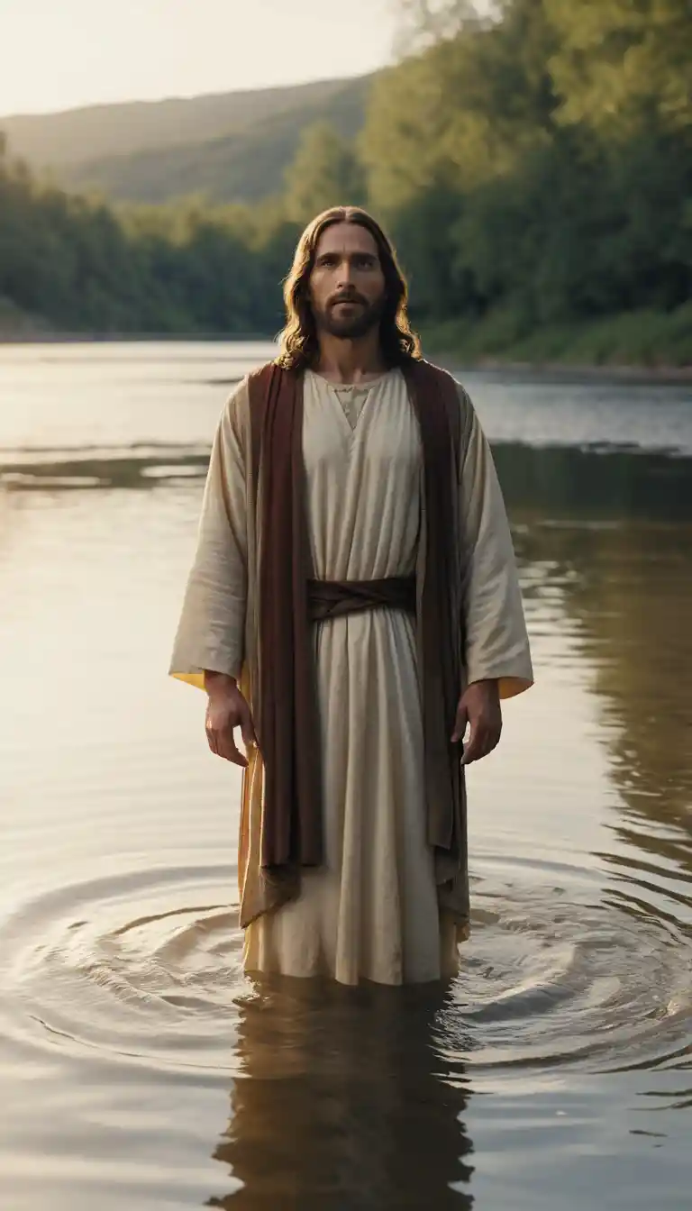 Jesús de pie en un río tranquilo bajo una suave luz dorada