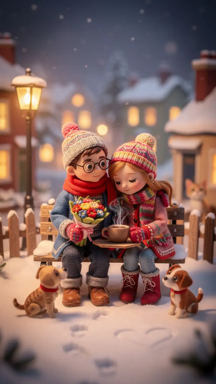 Couple Romantique en Feutre sur un Banc au Halo des Lanternes d’Hiver