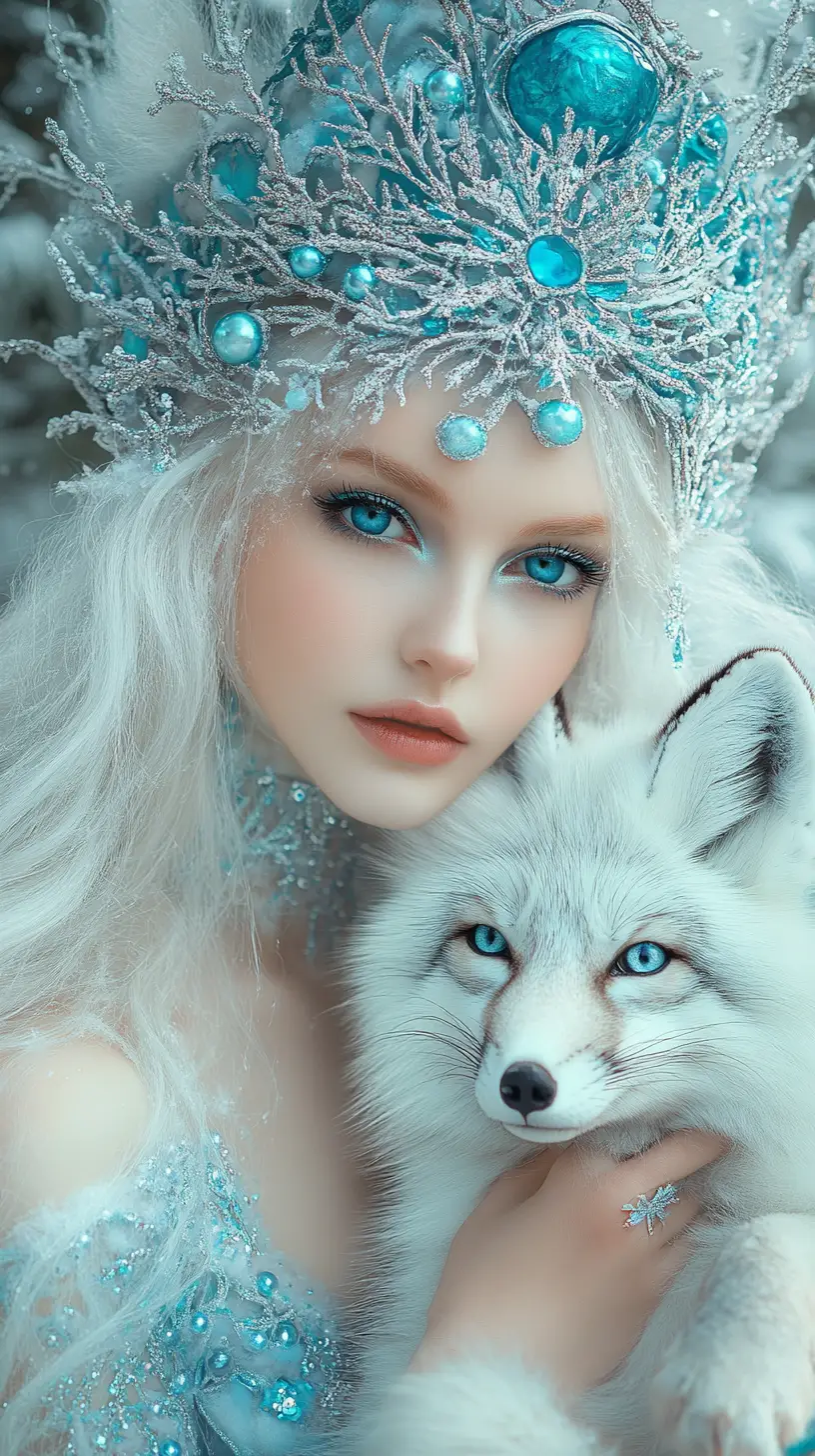Élégante femme d’hiver tenant un renard arctique turquoise