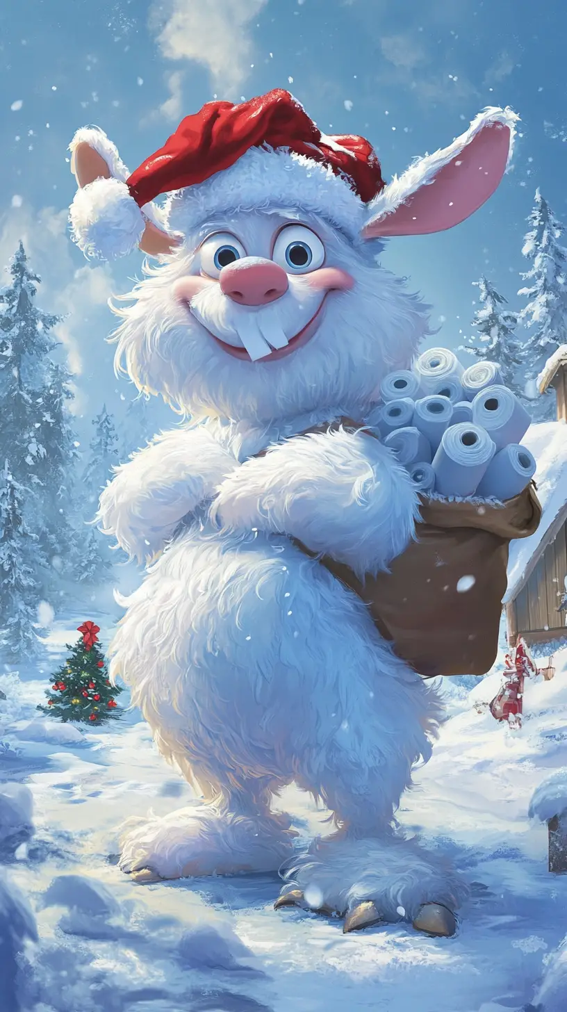 Lapin cartoon avec bonnet de Noël lançant du papier toilette