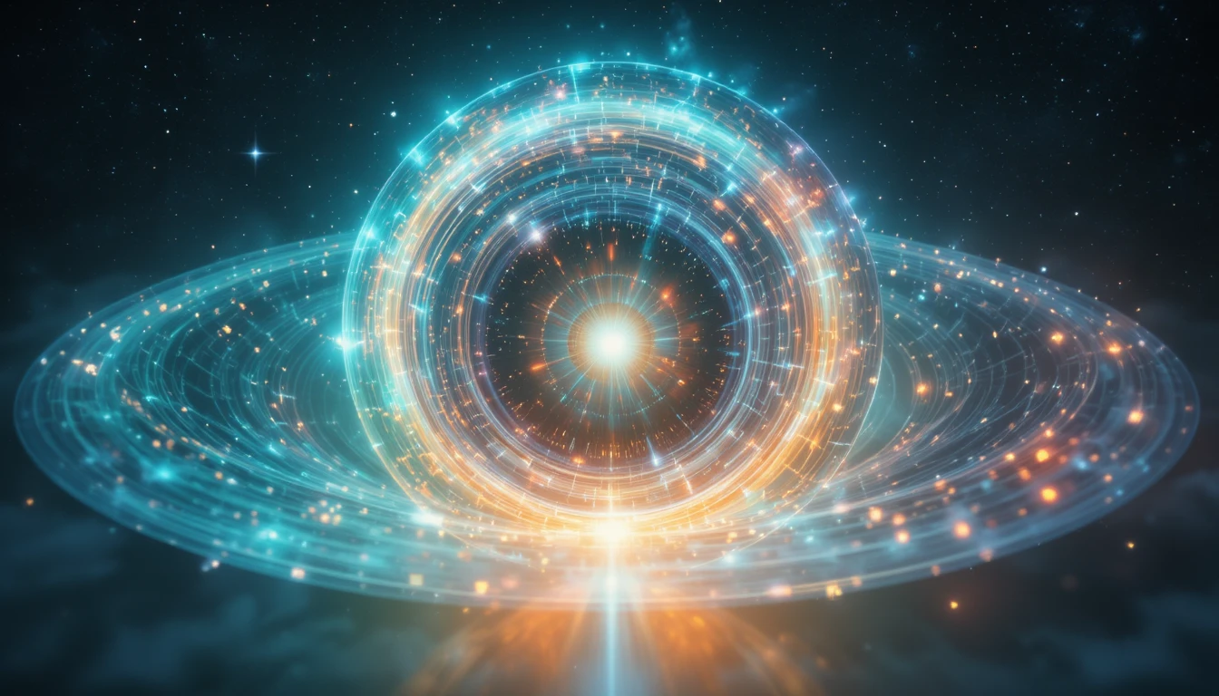 Iridescent glowing circle of cosmic light in deep space