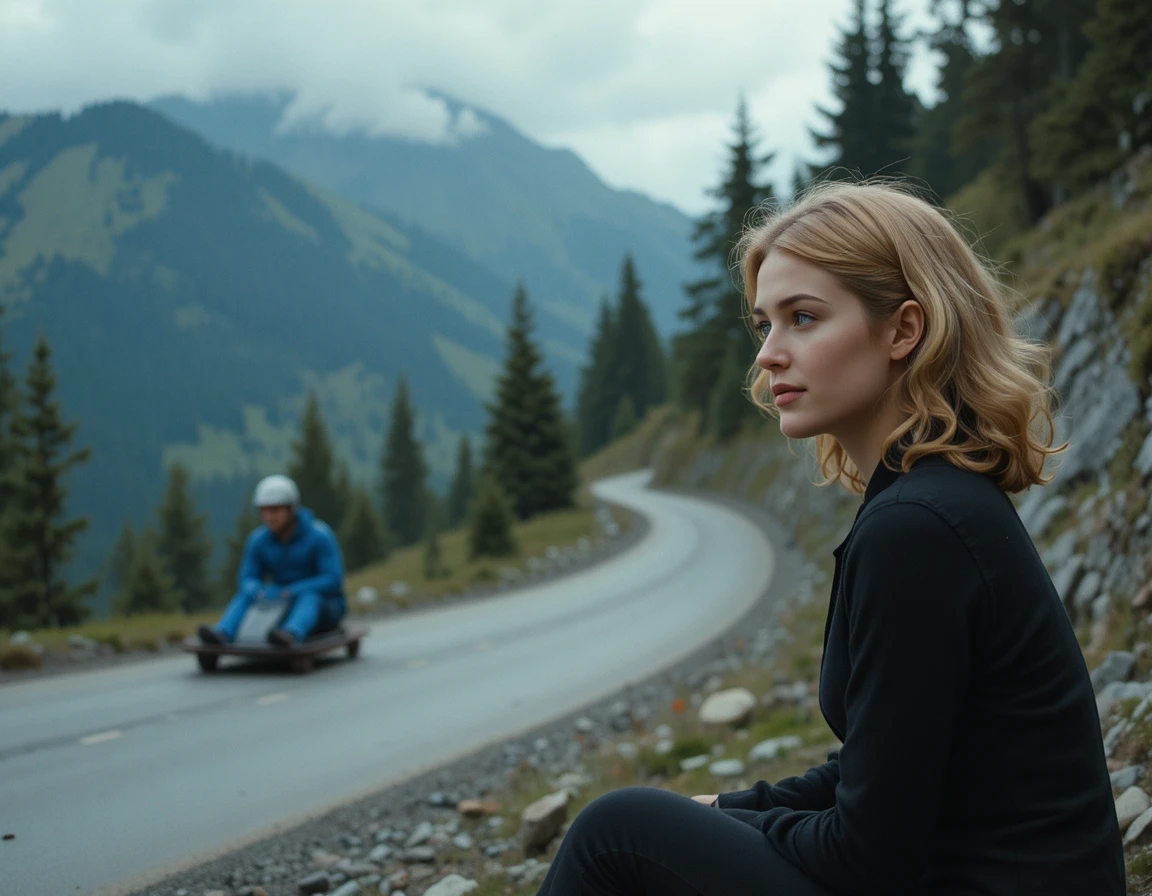 Young woman by mountain road watching street luge race