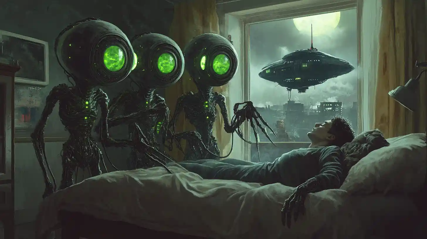 Alienígenas estudian a un hombre dormido en un dormitorio de ciencia ficción