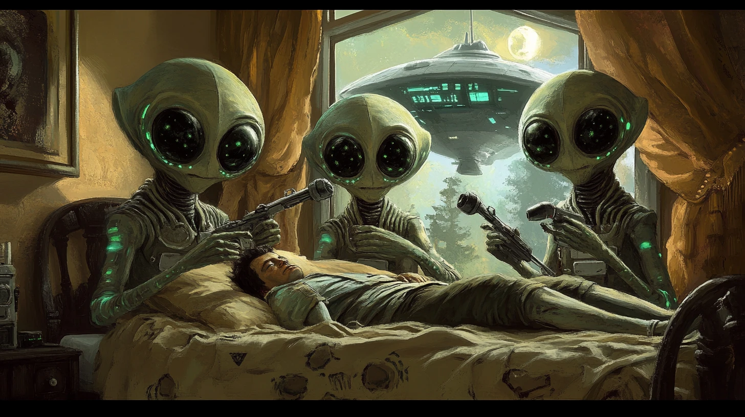 Alienígenas estudiando a un hombre dormido en su dormitorio