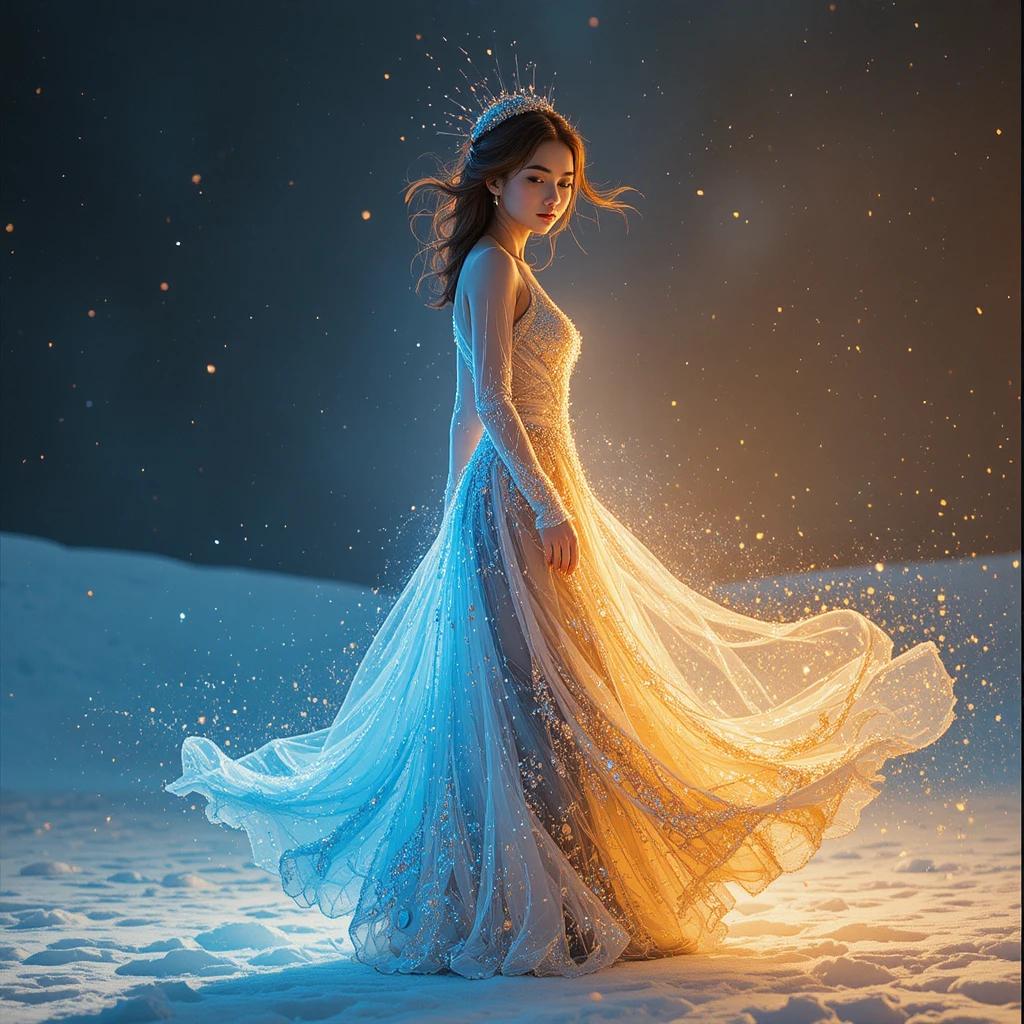 Elegant woman in neon evening dress walking through snow