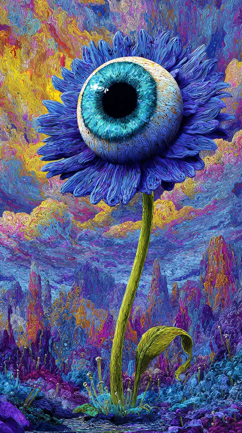Géant œil cosmique émergeant d'une fleur alien en pleine floraison