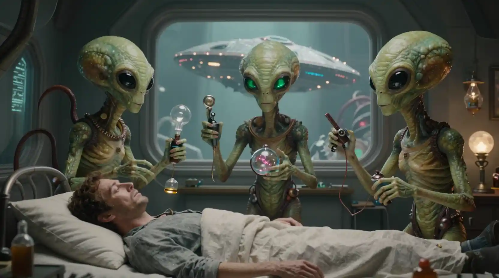 Aliens Study A Sleeping Man In His Bedroom At Night