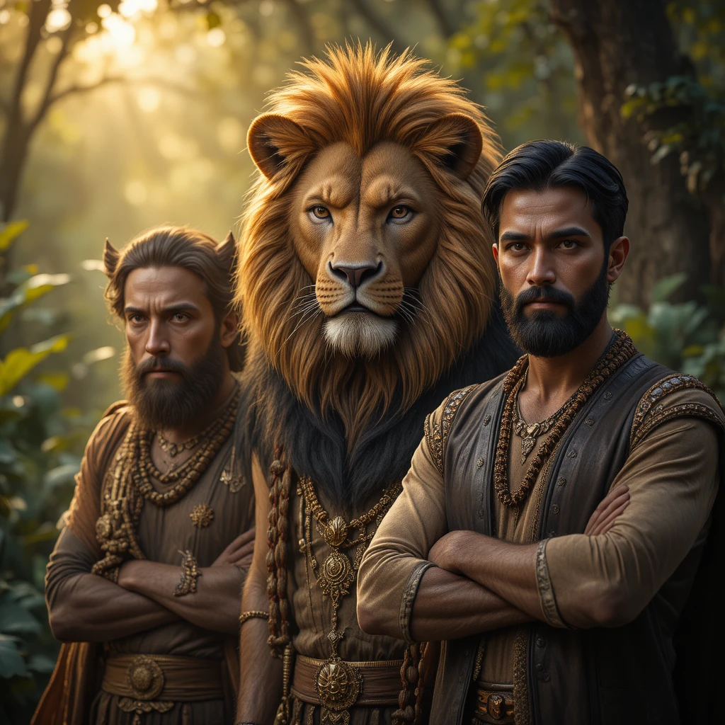 Lion, éléphant et homme debout ensemble dans la lumière de la jungle