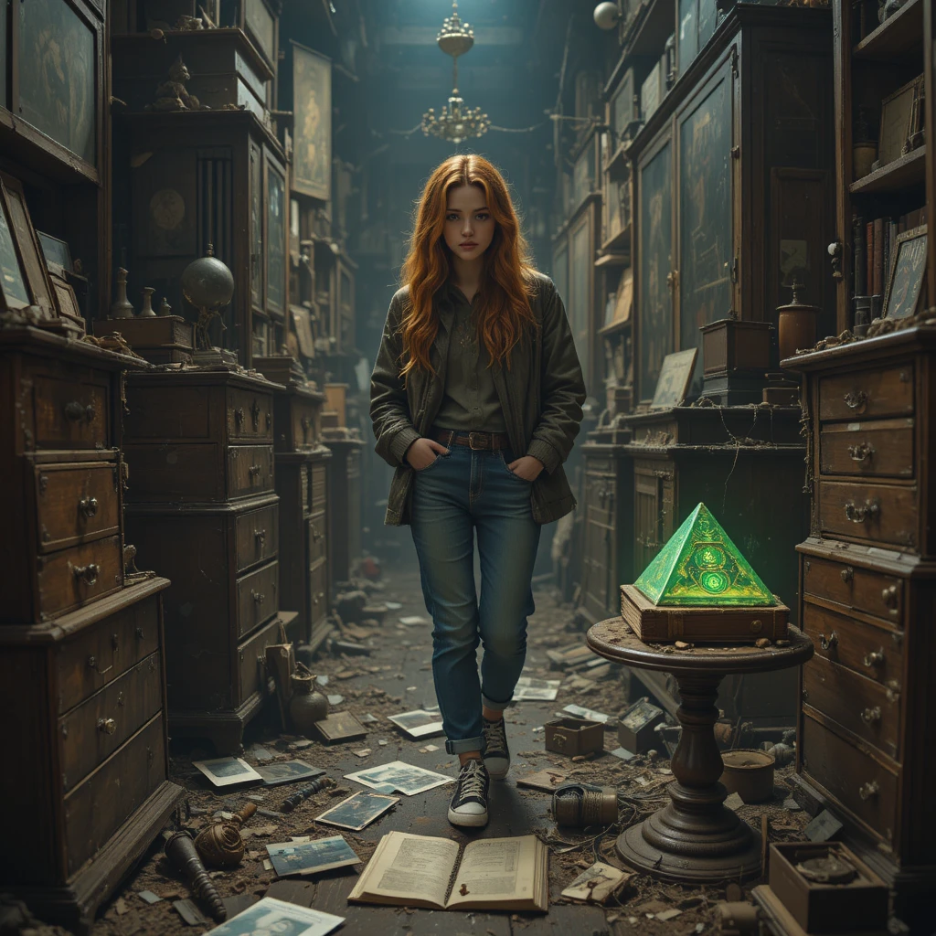 Young woman exploring a dusty attic with eerie relics