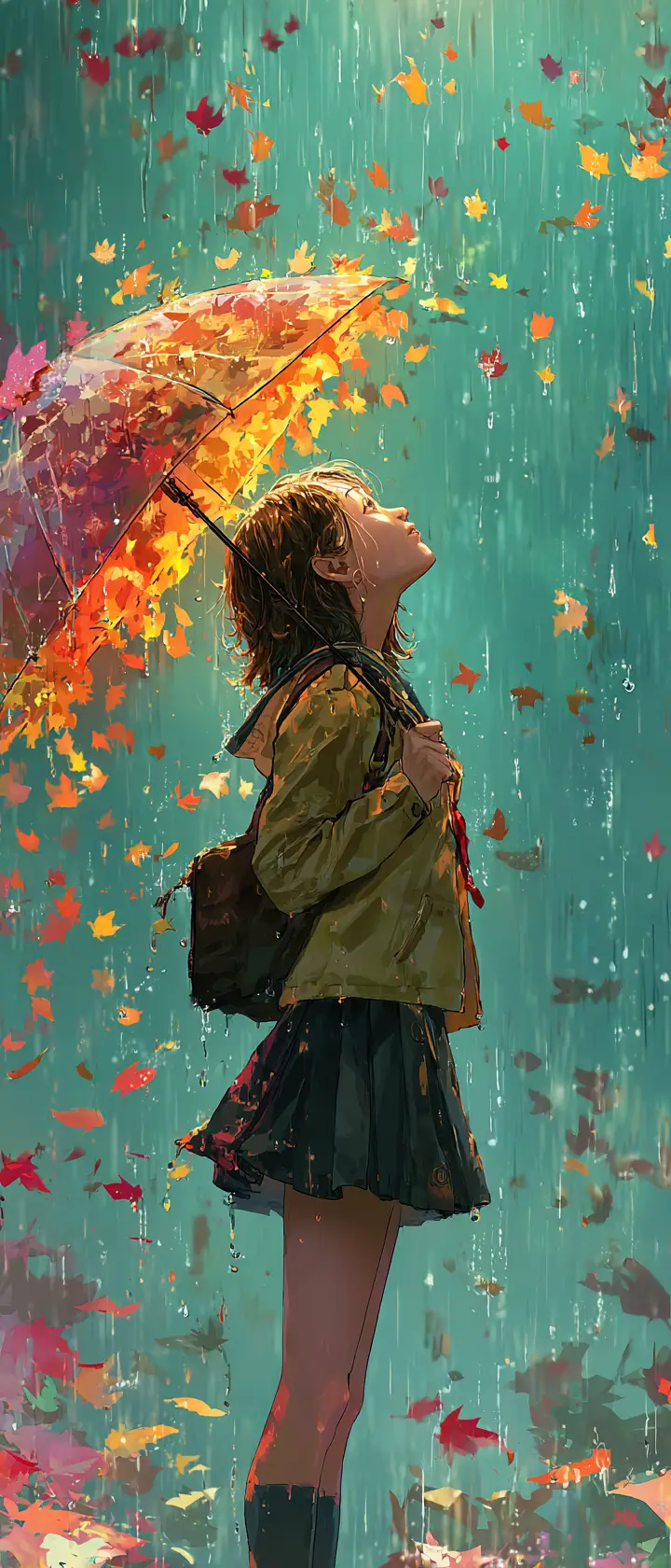 大雨の中で葉っぱの傘を広げるアニメ少女