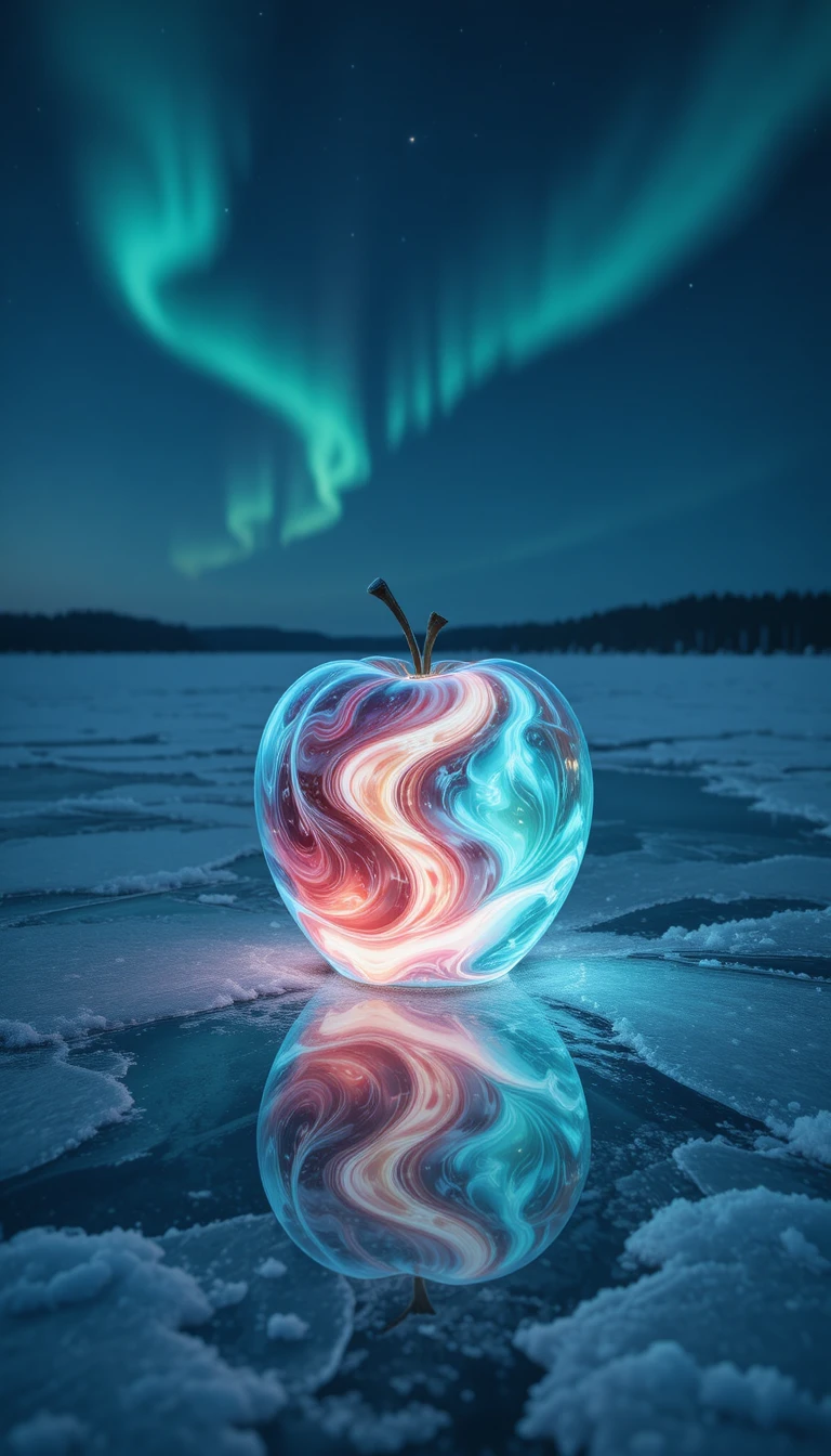 Pomme en verre lumineuse sur un lac gelé au crépuscule