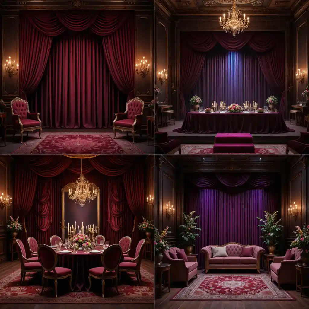 Luxurious opera inspired lounge with velvet drapery and chandeliers