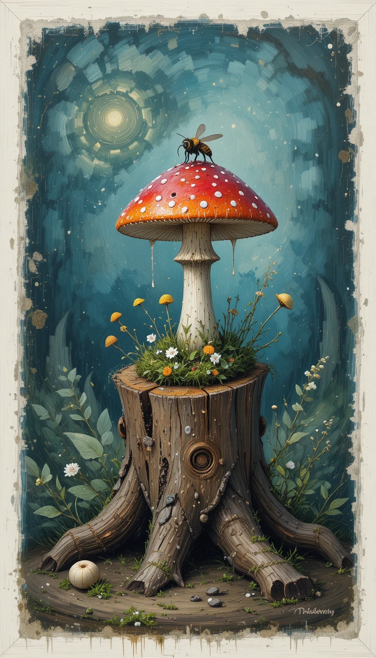 Cogumelo amanita mágico com abelha em velho toco de floresta