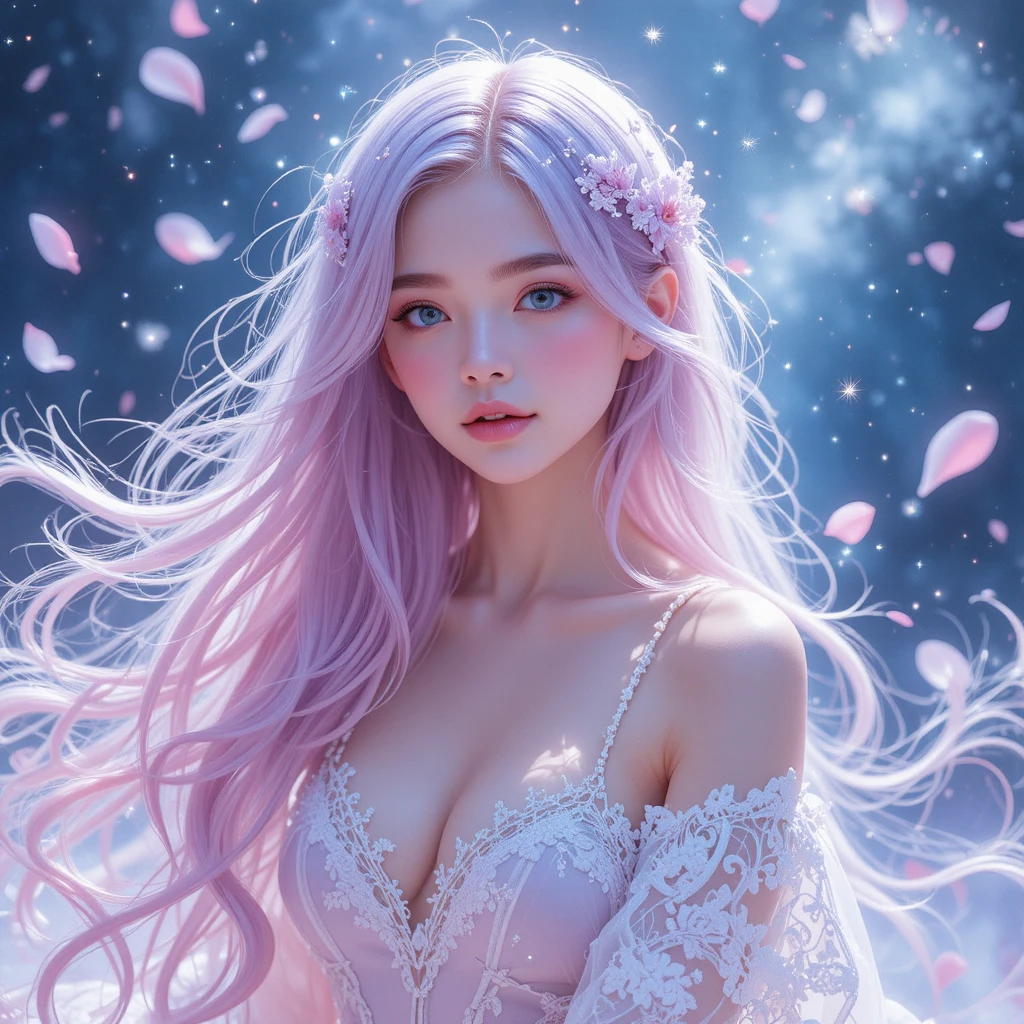 Dreamy Fantasy Girl With Flowing Pastel Hair And Starlight