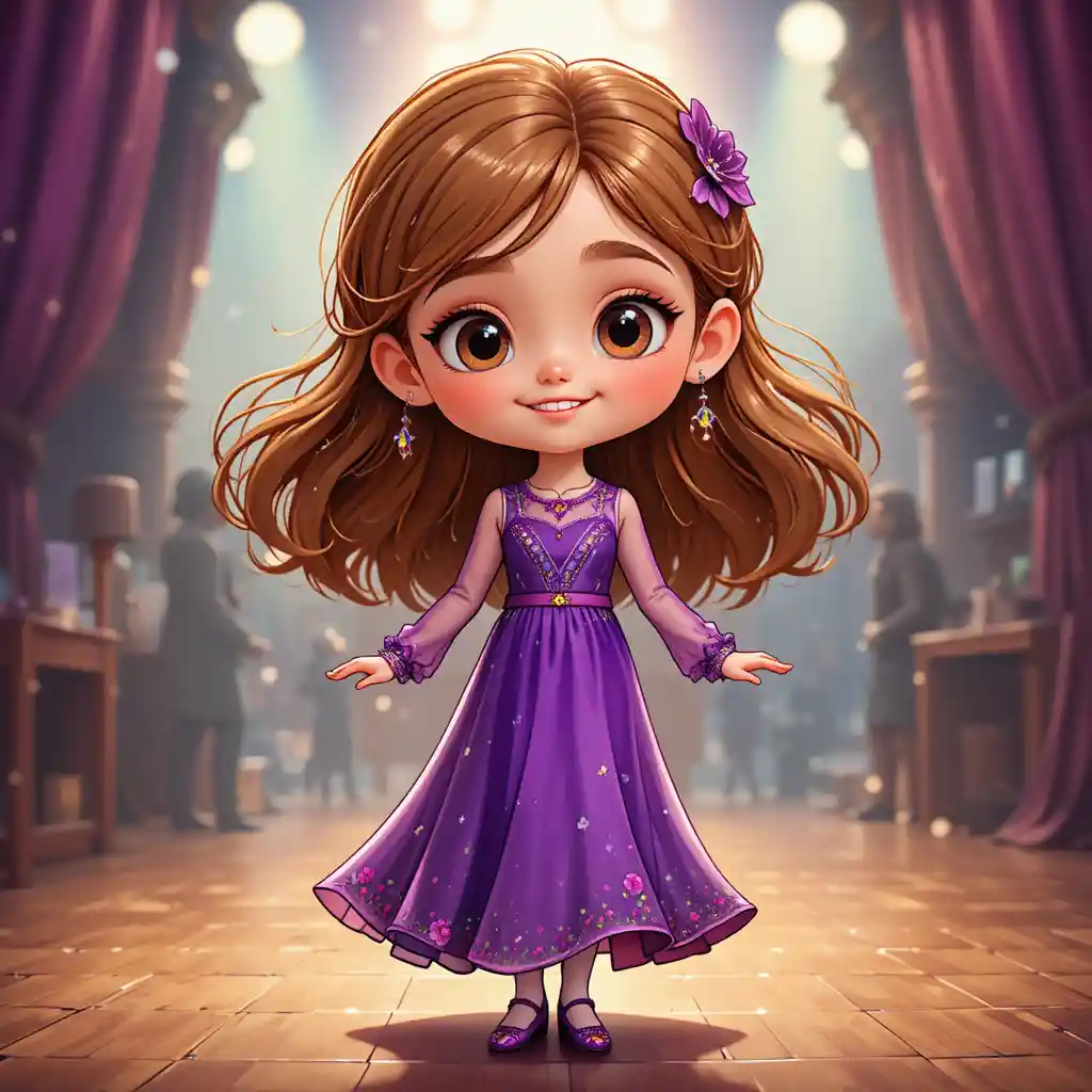 Cute girl in purple sari smiling on a dance floor