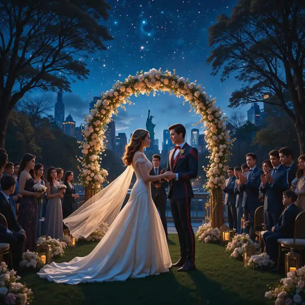 Futuristic night wedding in Central Park with superheroes
