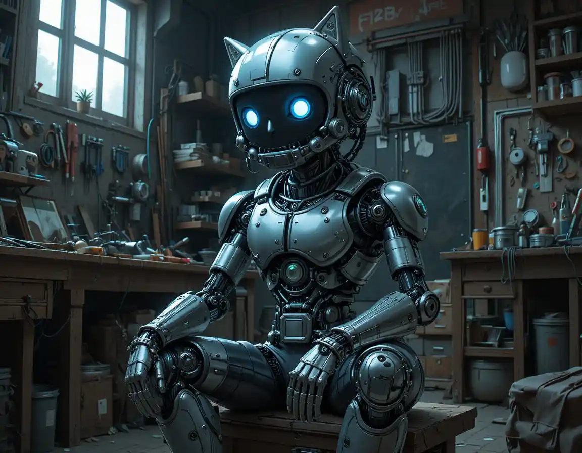 Gato robot humanoide de pie en un taller futurista oscuro