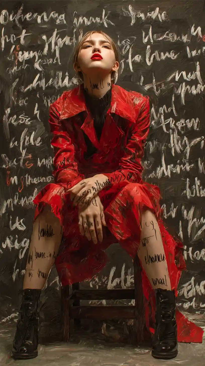 Fashion woman in cramped surreal editorial studio backdrop