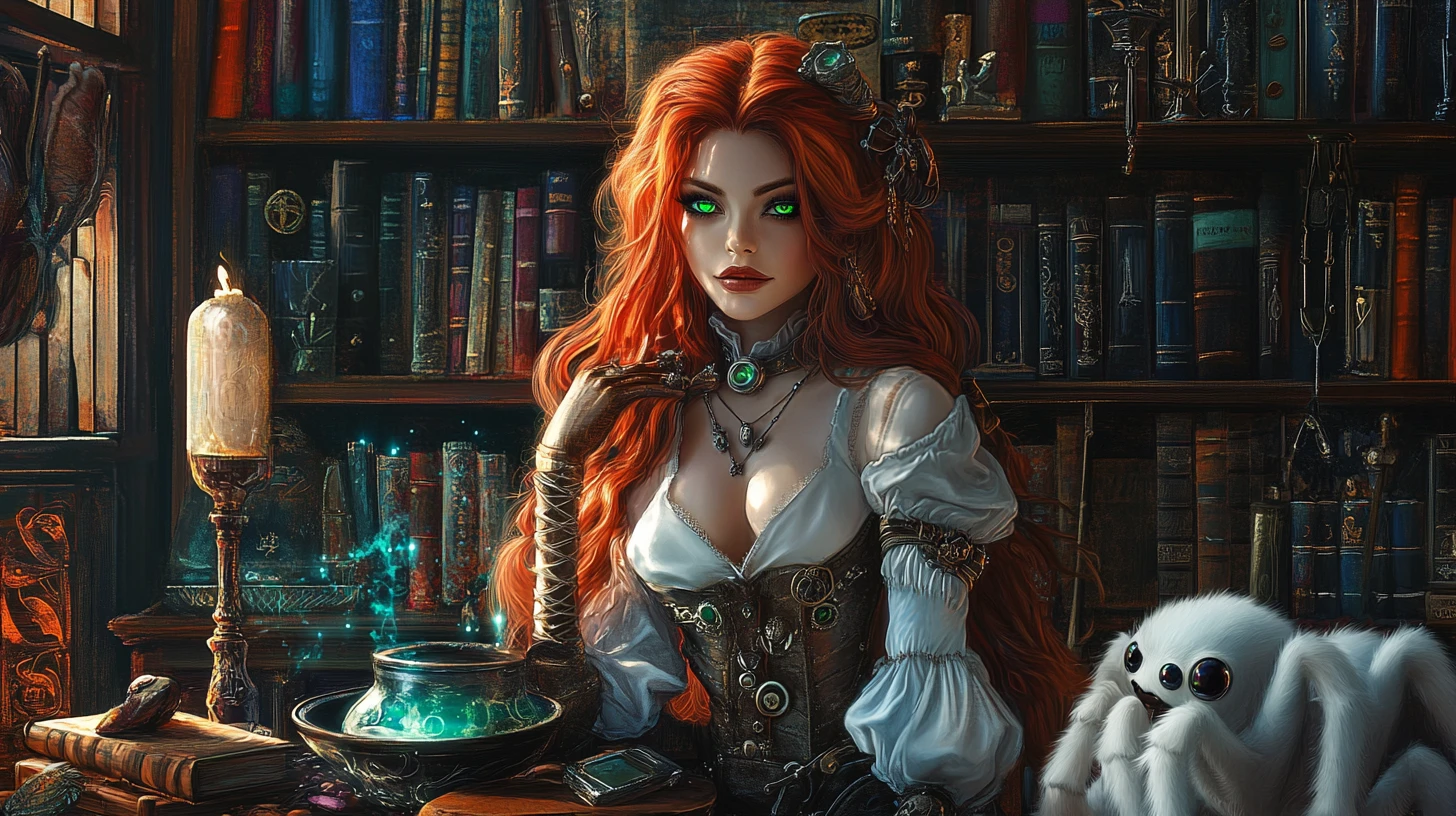 Bruxa steampunk ruiva em um vestido branco na biblioteca