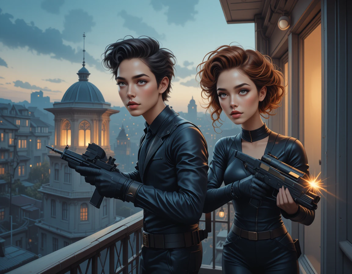 Bewaffneter Mann und Frau zielen bei der Dämmerung von einem Balkon