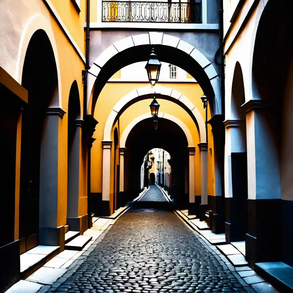 Narrow stone street with arches and distant pedestrian figure