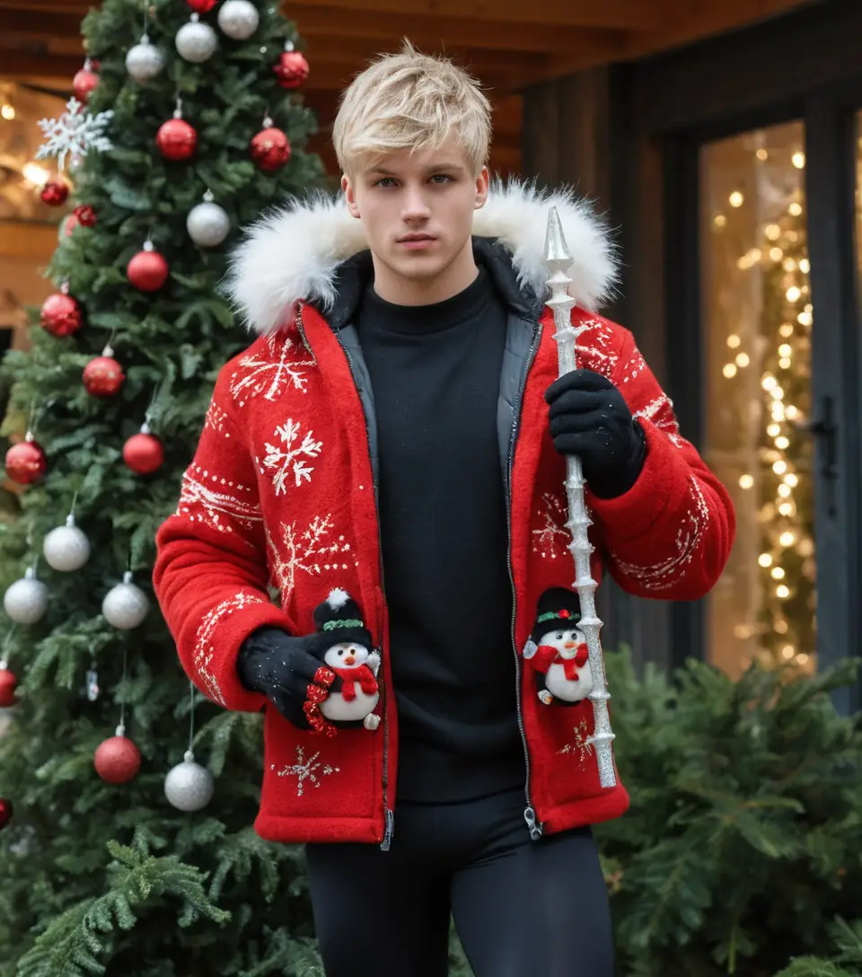 Young man walking by a decorated forest christmas tree