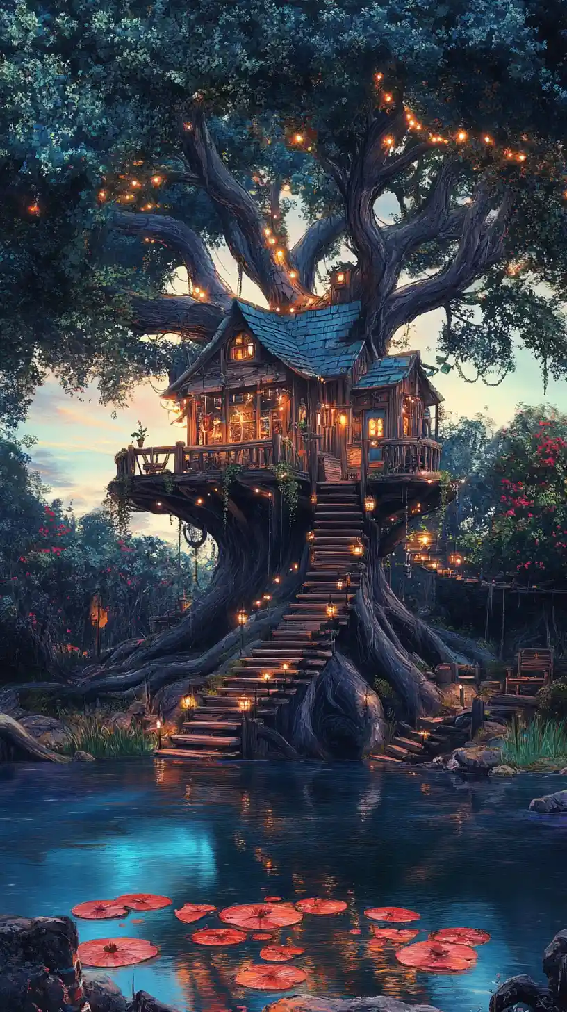 Fantastical treehouse rising above a tranquil sunset lake
