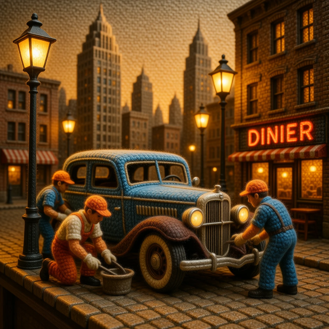 Miniaturarbeiter reparieren einen Oldtimer in einer wollenen Stadt