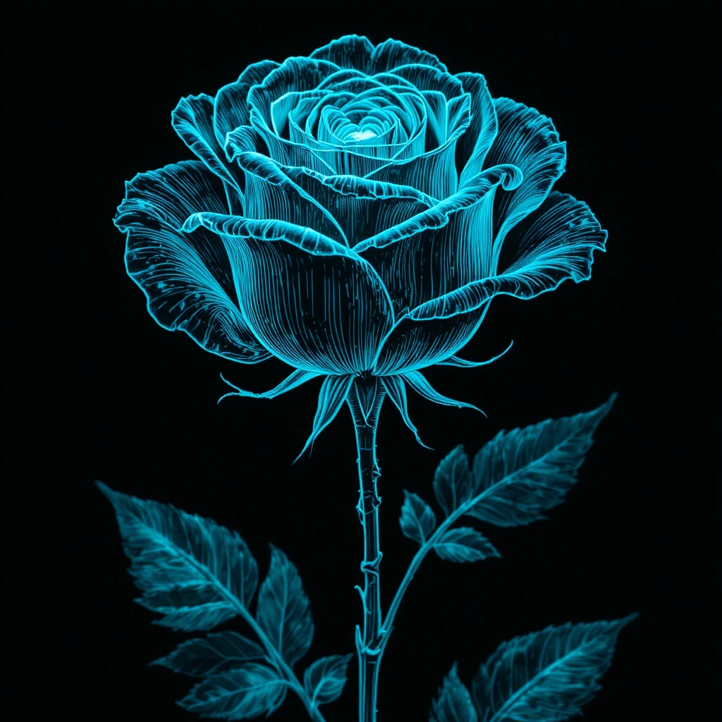 Rose gravée minimaliste aux veines bioluminescentes bleu sarcelle lumineuses