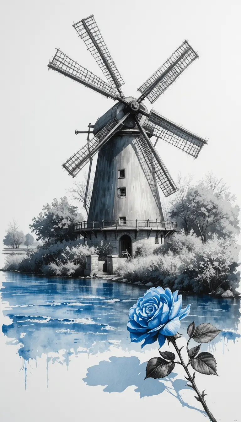 Kohlezeichnung einer Windmühle an einem ruhigen Flussufer